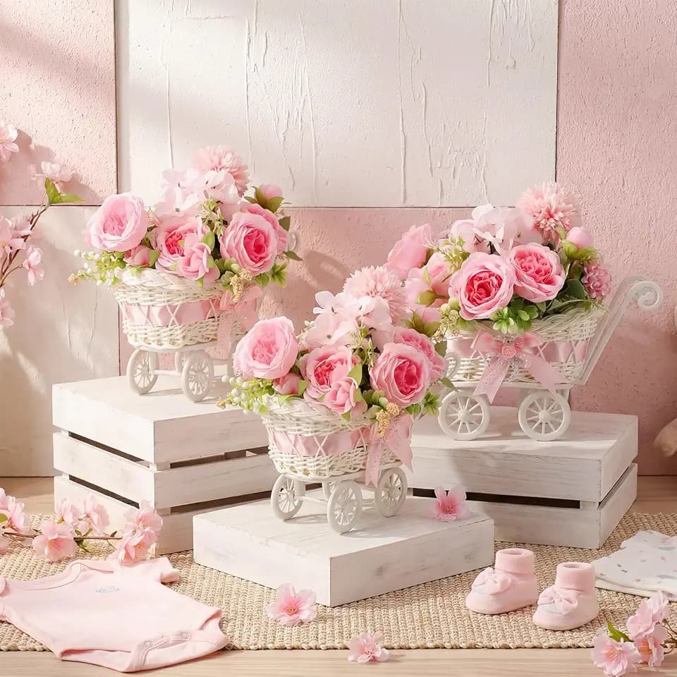 3 Pack Pink Rattan Stroller Centerpieces Bouquet Baby Shower