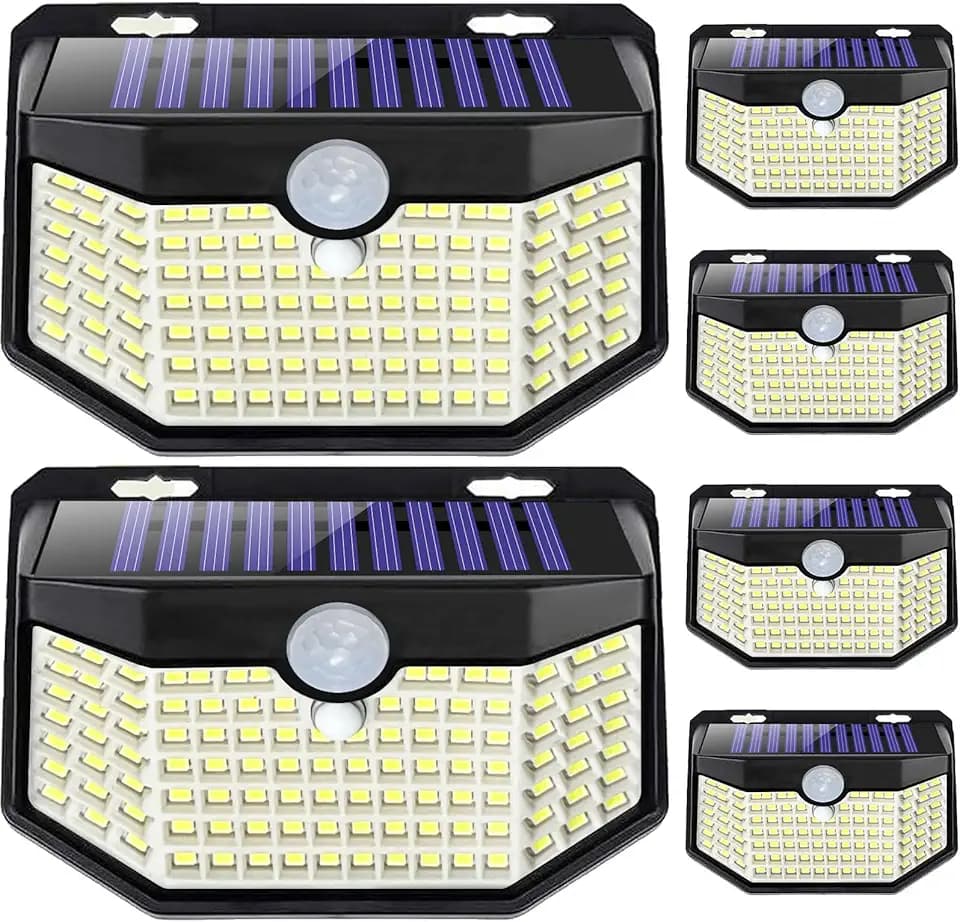 HMCITY 120 LED Outdoor Solar Lights with Motion Sensor and 3 Lighting Modes, IP65 Waterproof Wide Solar Wall Lights Ideal for Garden Patio Yard (Front Button 6Packs, Black Shell-Daylight White)