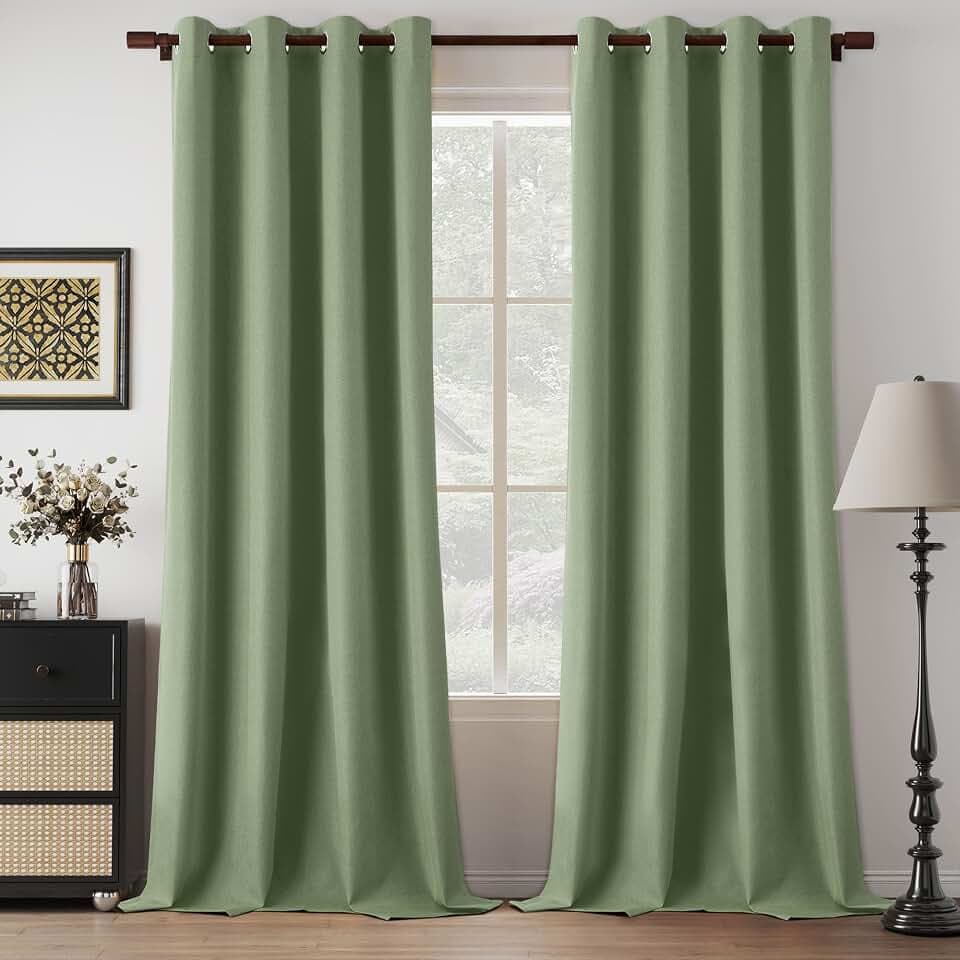 Full Blackout Linen Green Curtains 108 Inches Long 2 Panels