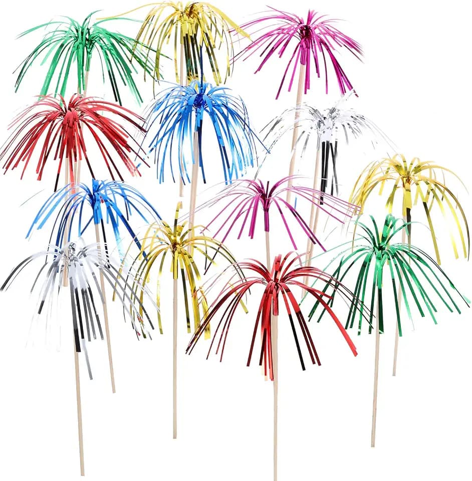 Tecunite 100 Pcs Foil Firework Cupcake Toppers Sparkle Tinsel Cupcake Picks 9 Inch Happy Birthday Cake Toppers Drink Cocktail Picks Stirrers for Christmas Baby Shower Birthday Party Decors Supplies