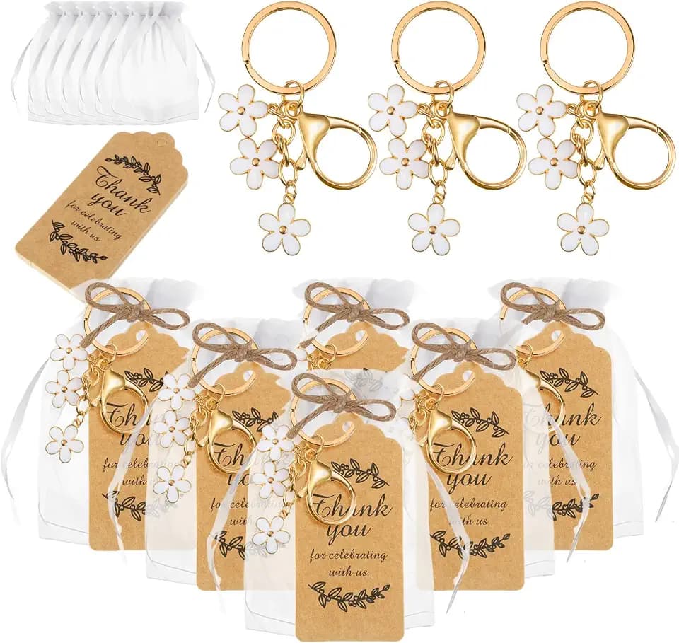 Ecation 20 Set Flower Keychain Party Favor Wedding Gift Bulk Keyring Charm for Guest Baptism Bridal Shower(White,Flower)