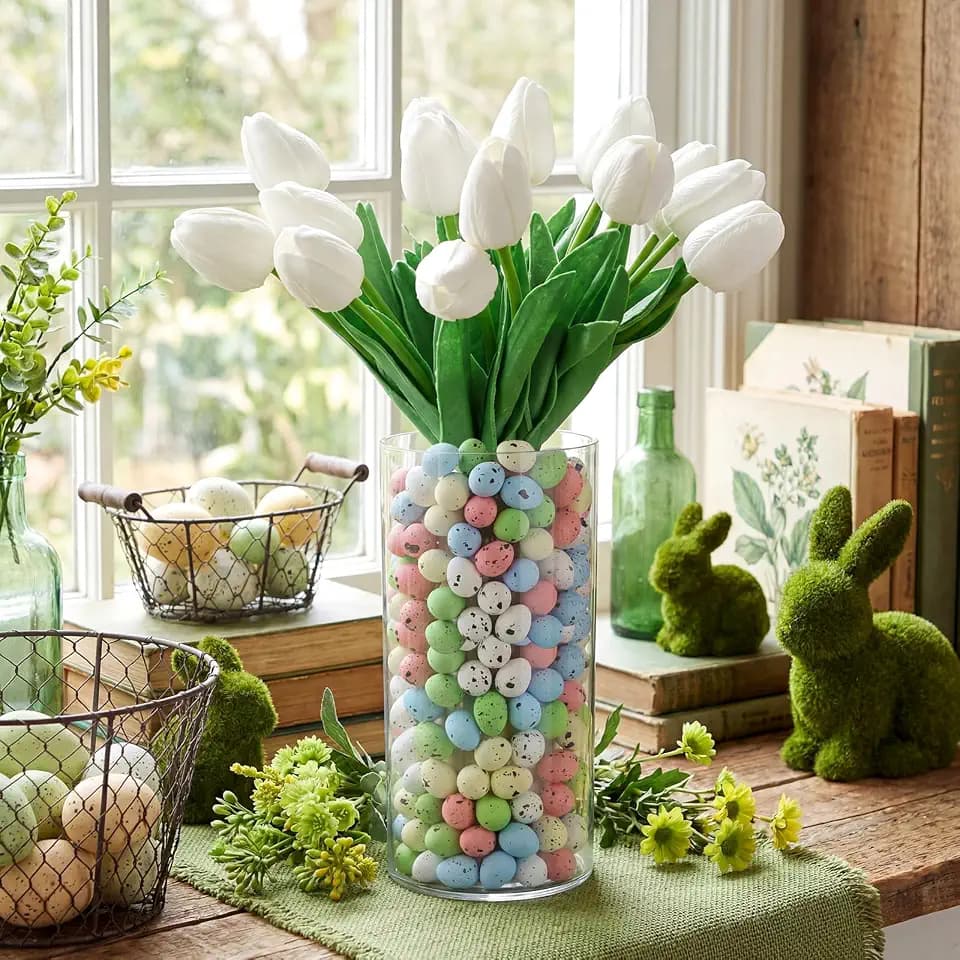 Suncalla 115 Pcs Easter Table Centerpieces 15 Faux Tulip 100 Eggs