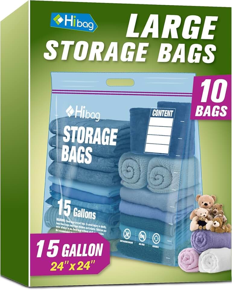 15 Gallon Large Storage Bags, 24” x 24” Zipper Bags with Handle, Extra Large XL Zip Top Bags for Clothes Travel Moving, Blue, Pack of 10