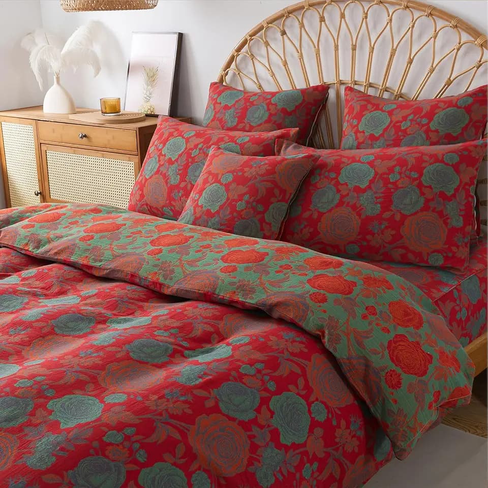 FADFAY Double Gauze 100% Cotton Floral Duvet Cover Sets Queen Luxury Rose Pattern Comforter Cover Shabby Vintage Style Bedding for All Season Soft Breathable Reversible Bed Cover 3Pcs