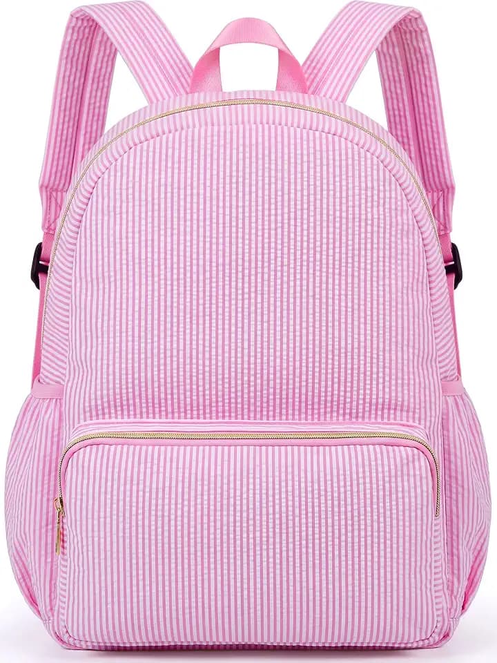 15“ Kids Seersucker School Backpack, Pink Gingham Backpack for Girls