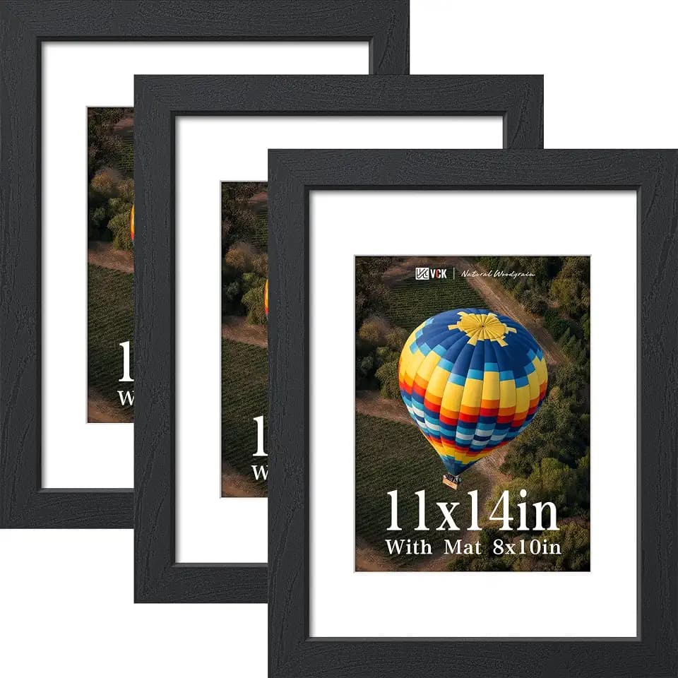 VCK 11x14 Picture Frame 3 Pack, Black Solid Wood, Real Glass, for Photo