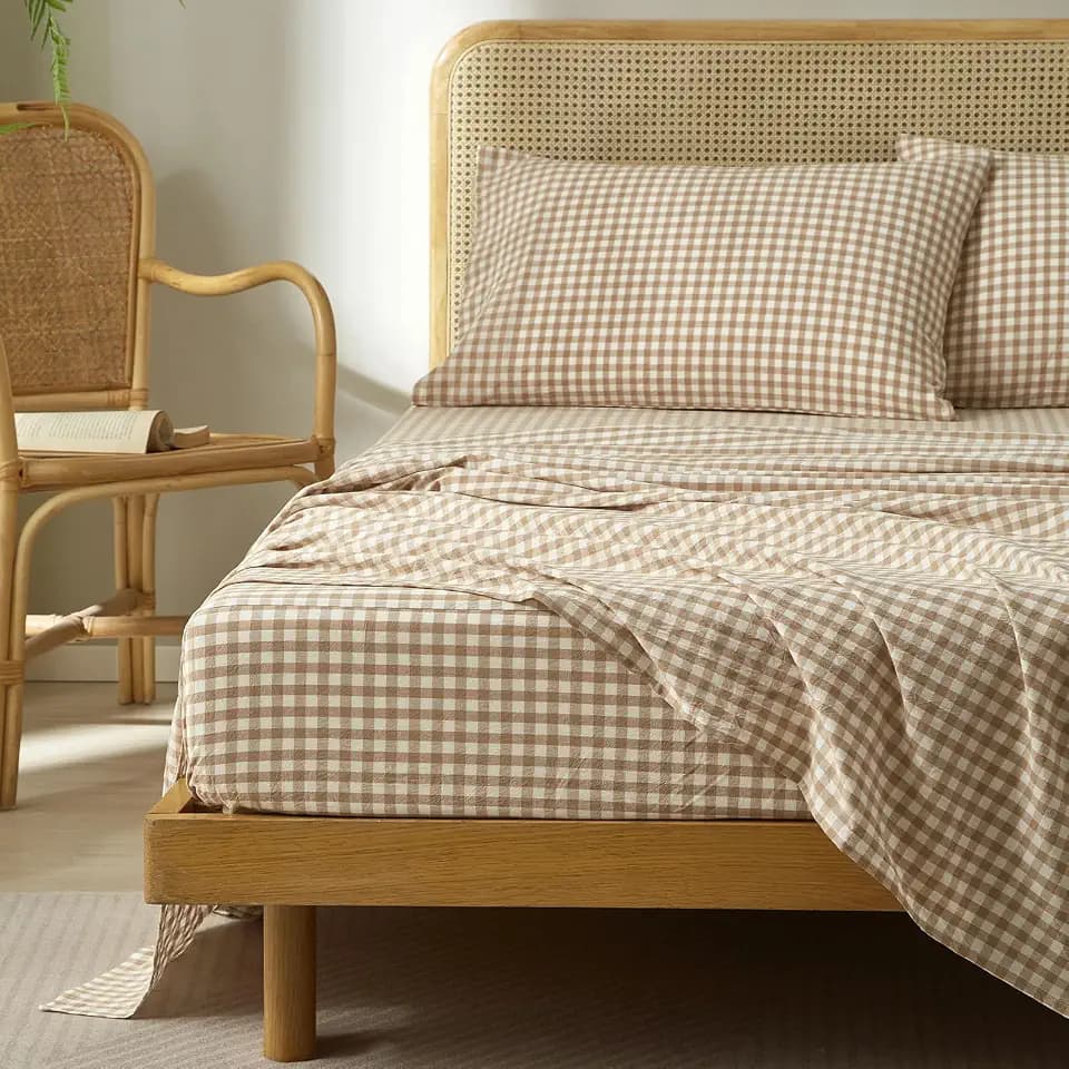 LifeTB Tan Gingham Queen Sheets Set, Breathable Soft Beige Taupe Plaid Bed Sheets, 100% Washed Cotton Checker Sheets with 16'' Deep Pocket, 4 Piece Farmhouse Gingham Bedding Vintage Grid Sheets Set