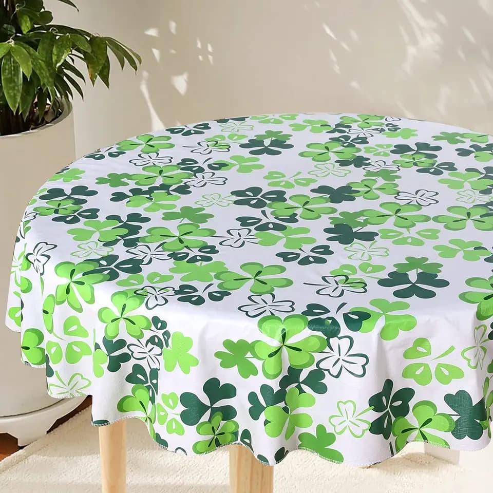 Fitable St Patrick's Day Round Tablecloth - 60Inch Waterproof Green/White Shamrock Table Cloth Vinyl Wipe Clean Clover Table Cover for Dining Room, Kitchen, Indoor/Outdoor Party