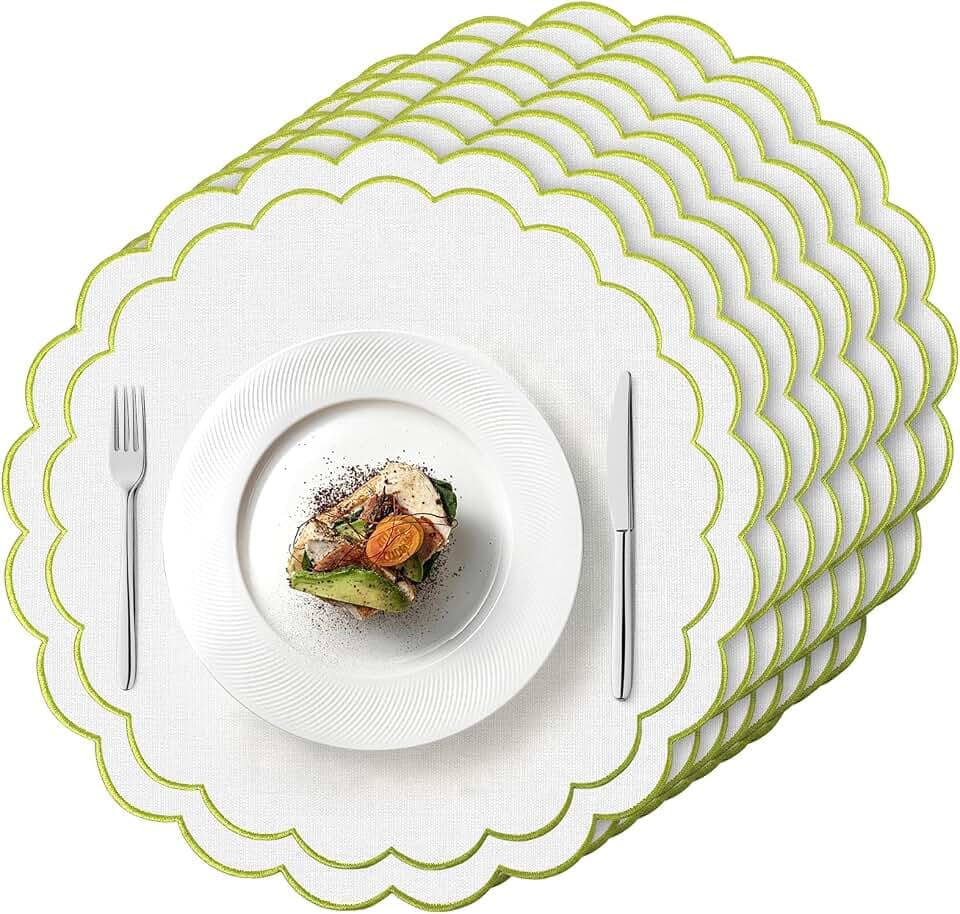 Set of 8 Cotton Linen Placemats, 15x15 Scalloped Flower Embroidery Cloth Table Mats Double Layered Fabric Machine Washable Wrinkle Free Dining Placemat for Restaurant Kitchen Decor, White with Green