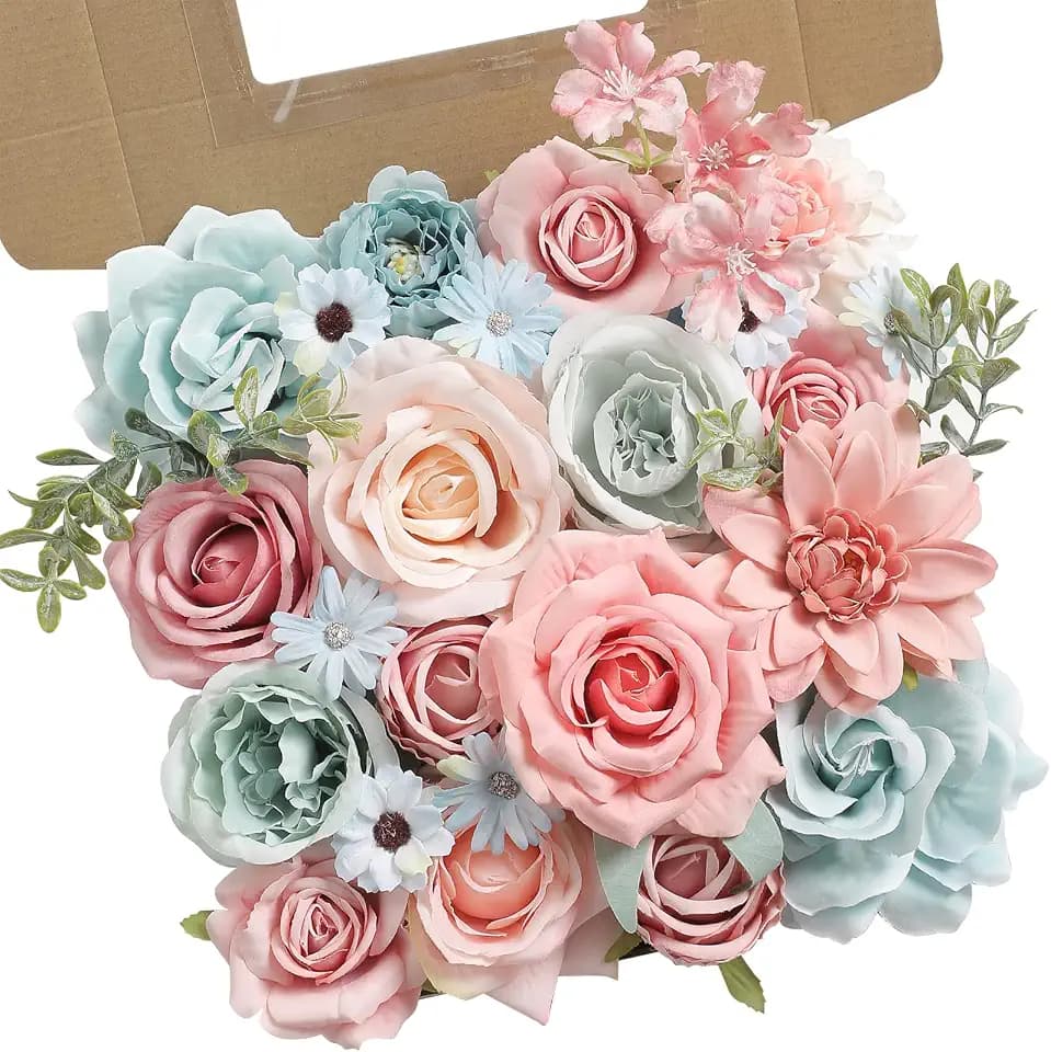rongflower Blue Pink Artificial Flowers Combo Set Fake Flower Leaf Box with Stemst for DIY Wedding Bridal Bouquet, Centerpieces, Home Decor, Floral Arrangement Decor