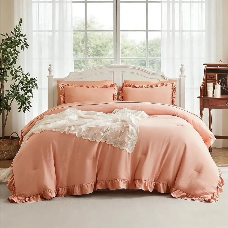 MR&HM Queen Comforter Set Coral Pink 7 Pieces, Ultra-Soft Bed in A Bag