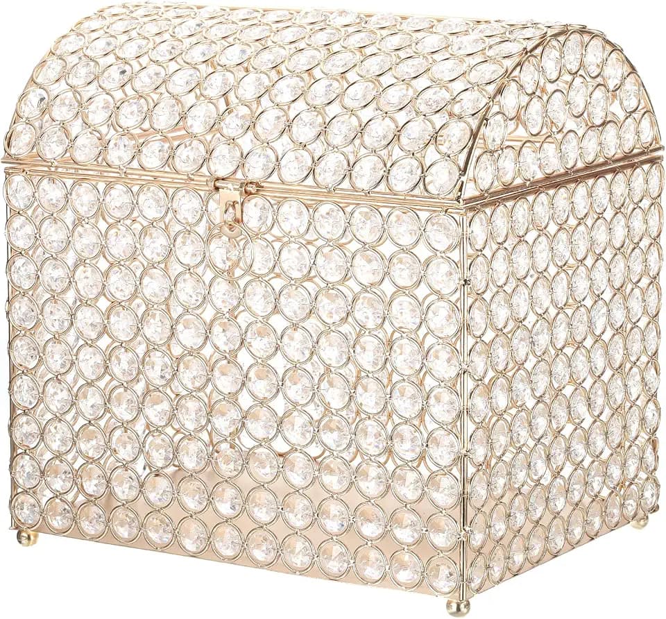 uxcell Crystal Card Box with Heart Lock, 10.7" x 8.3" x 11" Wedding Card Box for Wedding Reception Anniversary Birthday Party Decorations Gold