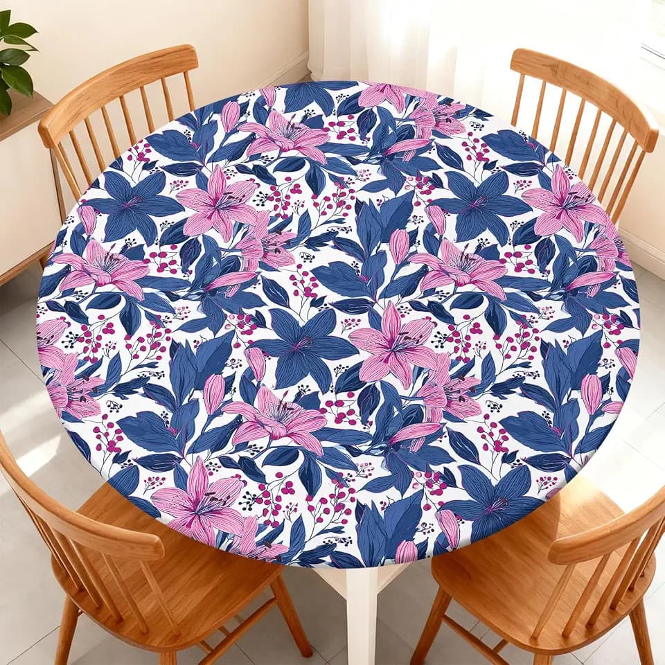 Round Fitted Tablecloth with Elastic Edge Fits 32"-36" Round Tables
