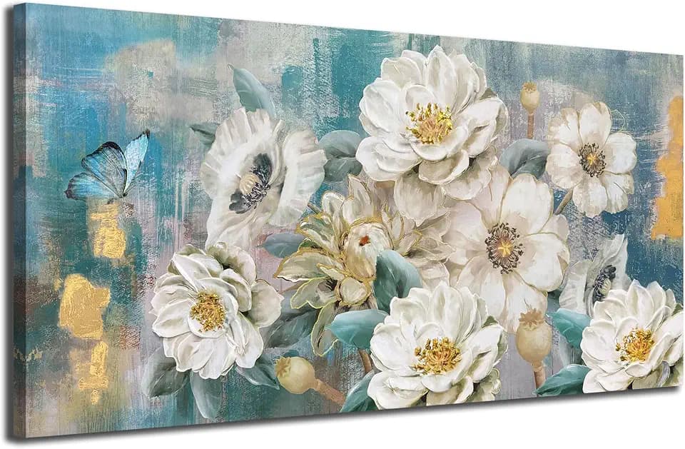 Arjun Flower Canvas Wall Art for Bedroom White Elegant Teal Picture, Textured Floral Magnolia Aesthetic Painting Living Room Wall Decor Turquoise Large Artwork Dining Room Home Office 40"x20"