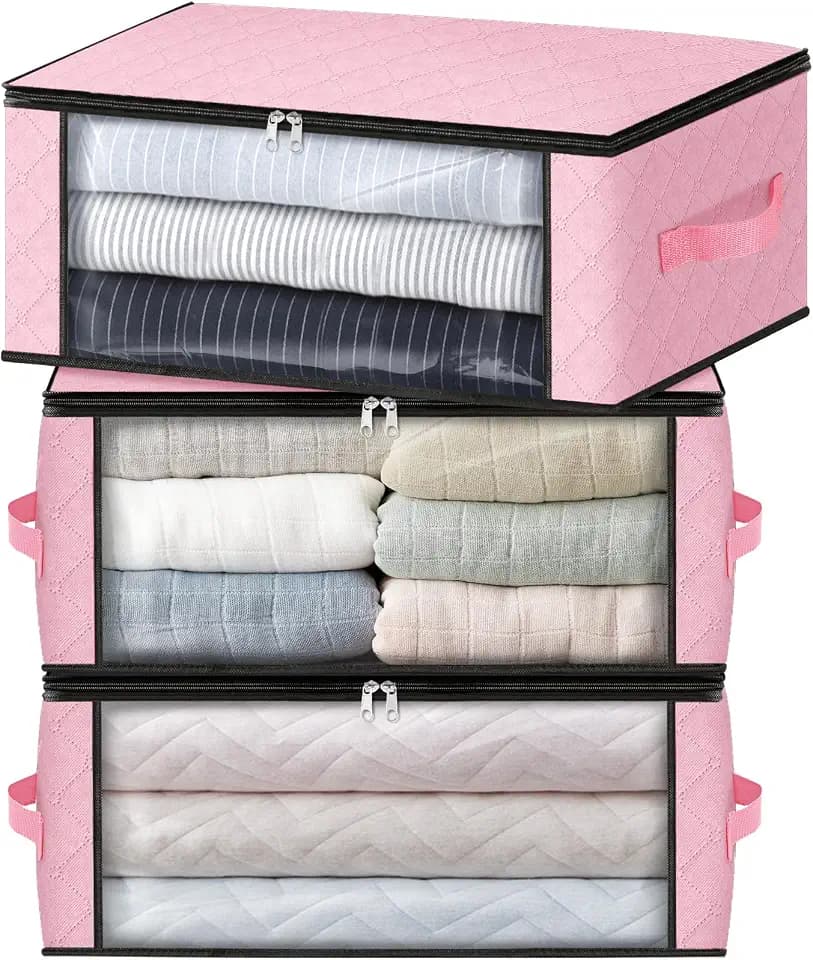HomeHacks 3-Pack Clothes Organizer Storage Bags, 35L Storage Bins, Pink