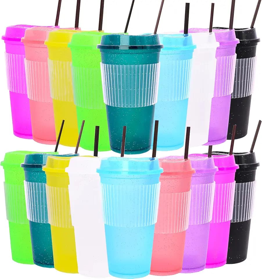 Suertestarry 16 oz Plastic Iced Coffee Cups with Lids 18 Pack Plastic Tumblers Cups with Straw and Sleeve Reusable Travel Hot Mugs for Hot & Cold Drinks, Office, Gatherings, Party(18, Glitter Color)