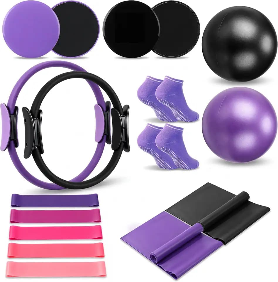 Thenshop 17 Pcs Pilates Kit, Home Pilates Workout Kit for Women, 5 Resistance Bands, 4 Magic Circles, 2 Pilate Ring, 2 Pairs Purple Socks and 2 Yoga Balls