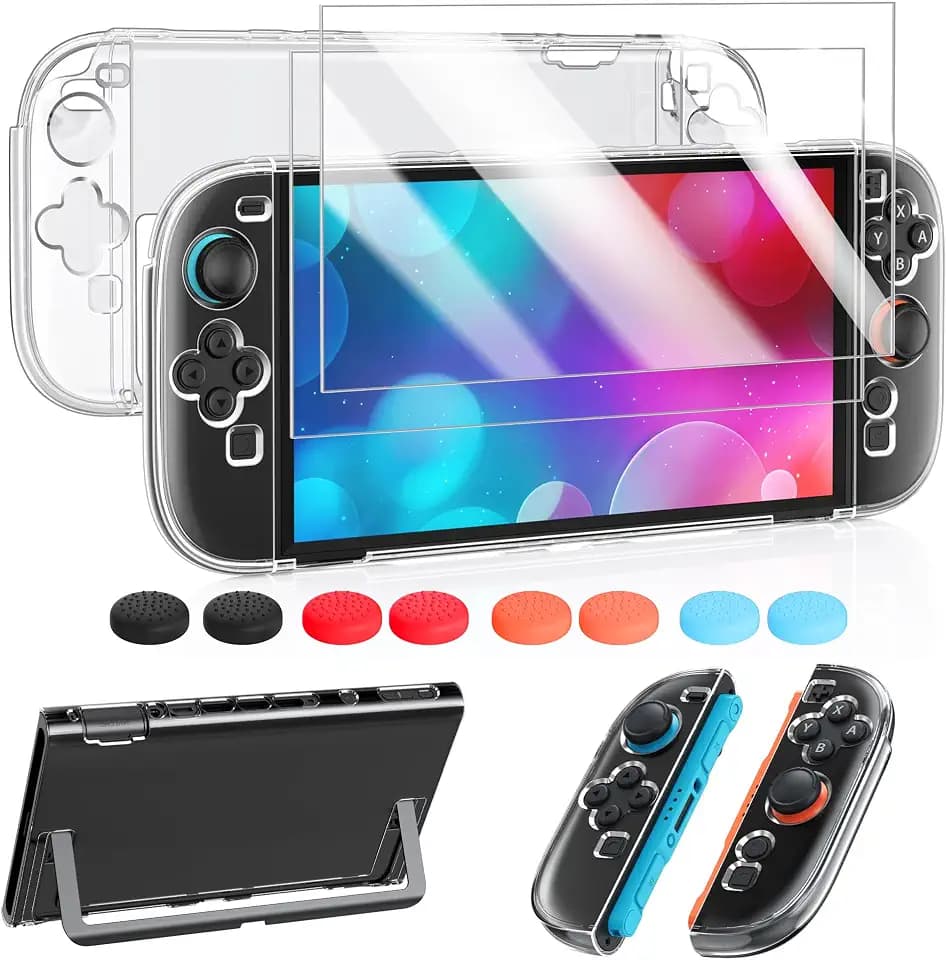 FYOUNG Switch 2 Hülle und Schutzfolie Zubehörset mit Joystick Kappen - Kristallklare Hartschalen Cover Case Schutzhülle Zubehör für Nintendo Switch 2025 - Klar