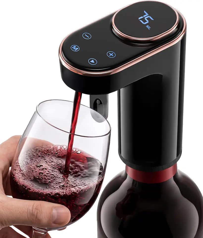 NutriChef 3-in-1 Electric Wine Aerator | Aerates, Vacuum Seals, & Dispenses | Includes 3 Bottle Adapters, 2 Vacuum Stoppers & 2 Straws | Rechargeable LED Touch Screen with Measured Pours | Black