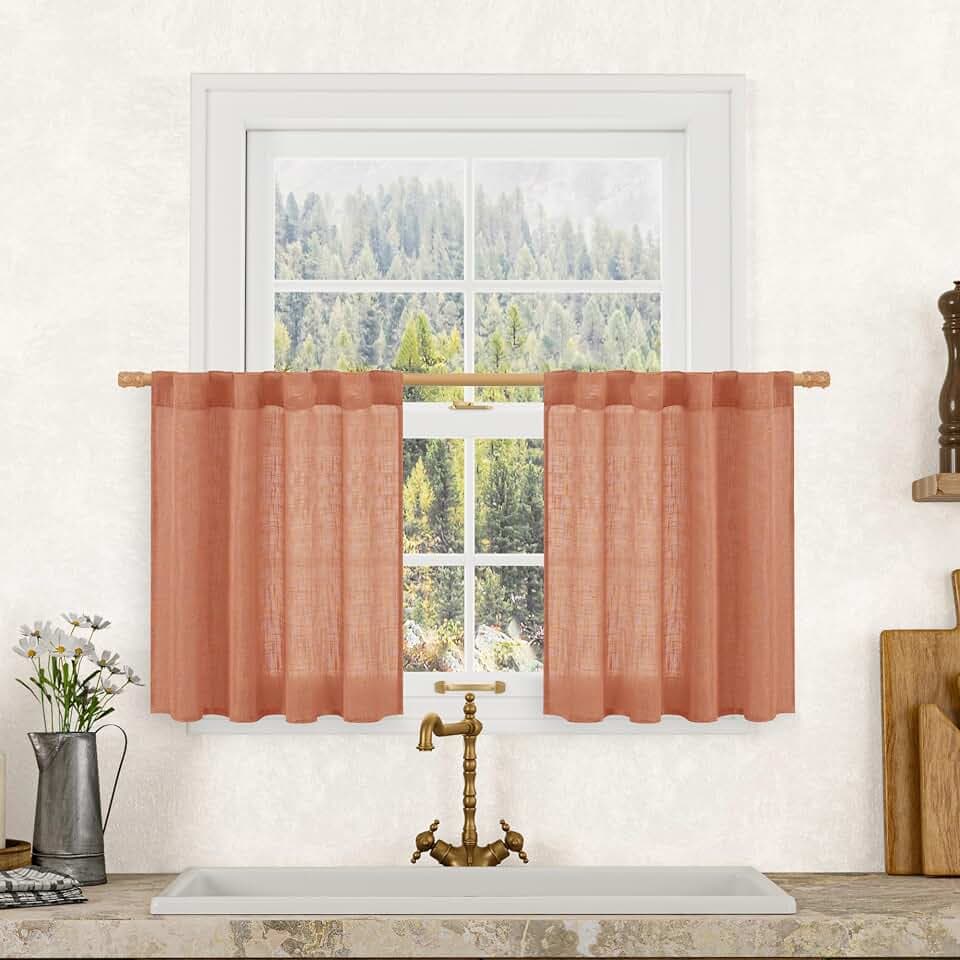 LAMIT Terracotta Semi Sheer Linen Curtains 24 Inch Long for Cafe 2 Panels