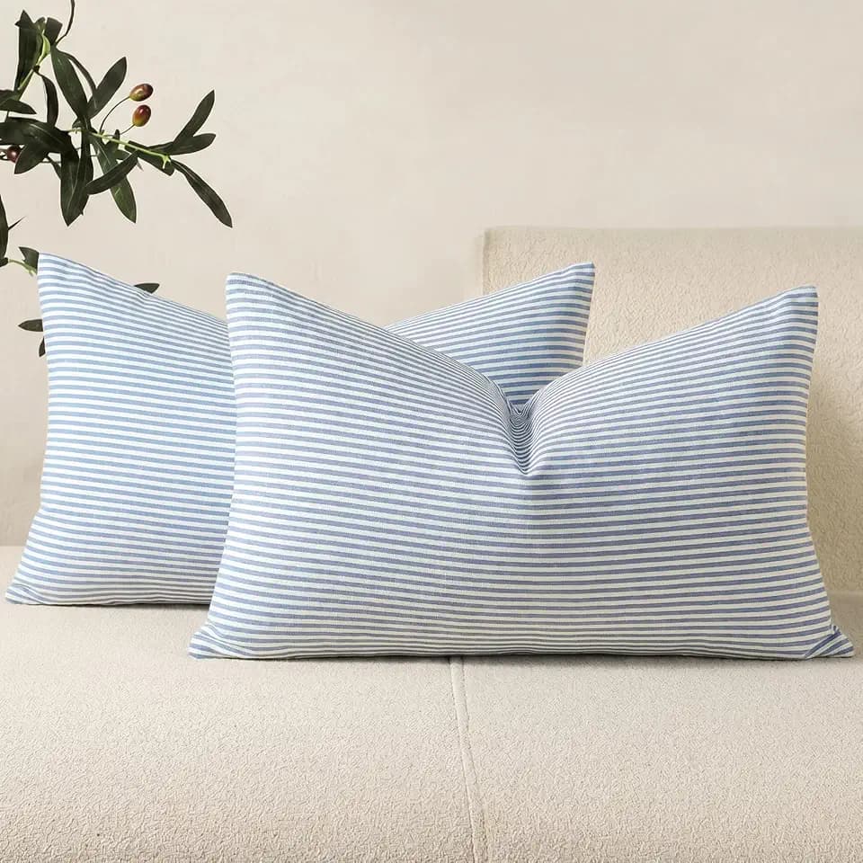 Farmhouse Light Dusty Blue Striped Lumbar Pillow Covers 12x20 Set of 2