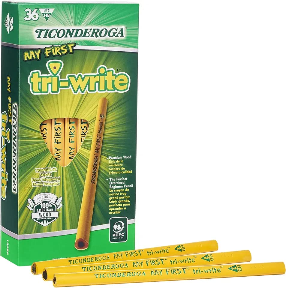 Ticonderoga My First Tri-Write Pencils without Eraser, Primary Size Wood-Cased #2 HB Soft, Yellow (13084) (Pack of 6, 216 Count Total)