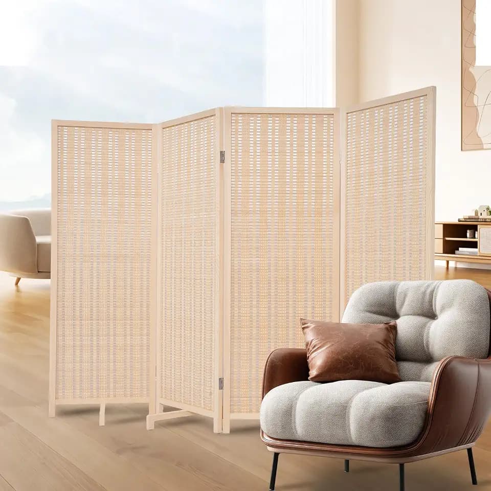 Bamboo Room Divider 4 Panel 47" H, 360°Rotating Feet Privacy Screen,Beige