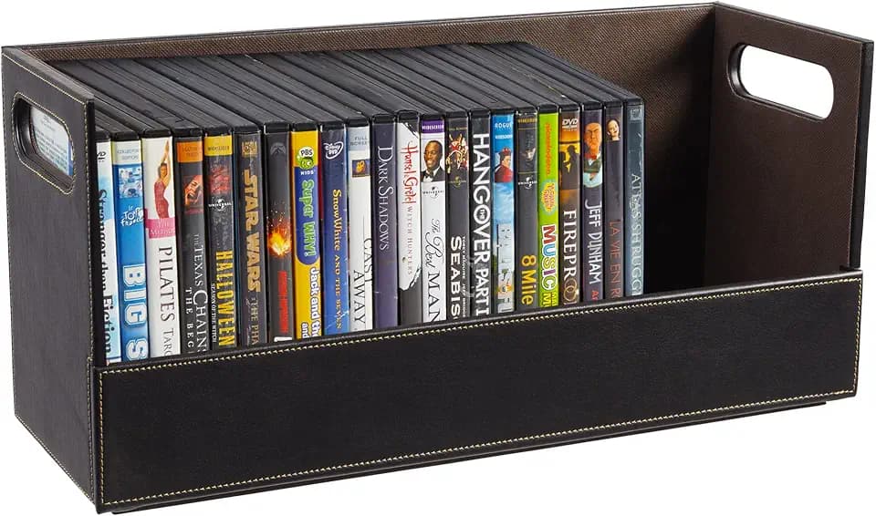 Stock Your Home DVD Aufbewahrungsbox, Filmregal Organizer für Blu-ray, Videospielhüllen, CDs, VHS Tape Display Ständer, Disc Holder kann bis zu 28 DVDs speichern, Kunstleder (Braun)