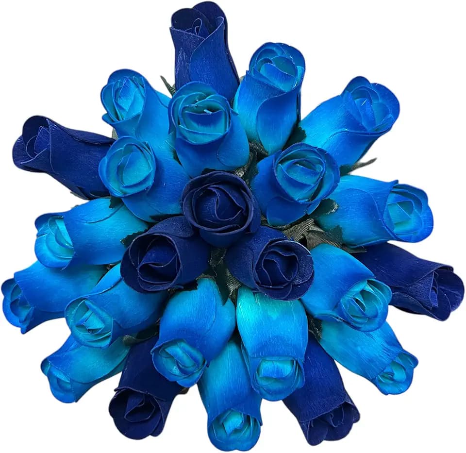 Ocean Ombre, Two Dozen Handcrafted Blue Wooden Roses – 24 Shaved Birch Wood Flowers, 13-inch Adjustable Stems, Unique Everlasting Bouquet for Birthdays, Graduations, and Home Decoration
