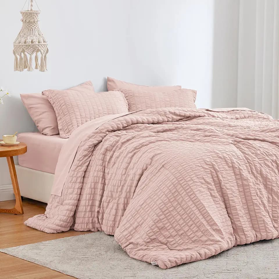 Love's cabin Seersucker Pink Twin Comforter Set