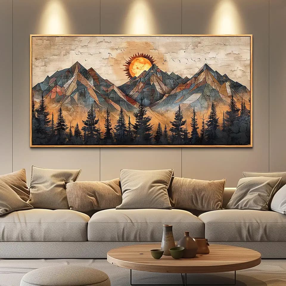 ZUITINGHUA Boho Wall Art For Living Room Large Canvas Wall Decor For Bedroom Office Decorations Abstract Wall Paintings Mountain Landscape Pictures Modern Home Mural Artwork Wood Framed 24x48 In