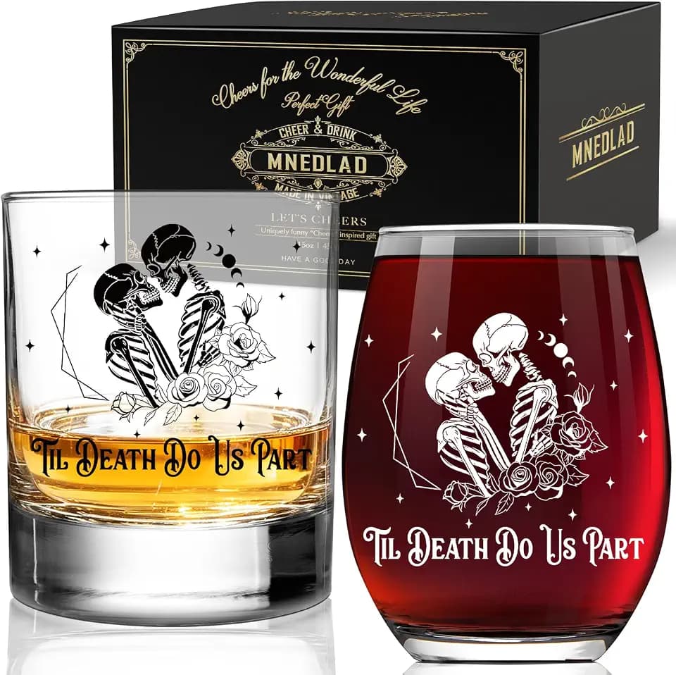 Til Death Do Us Part Gothic Couple Glass Set, Skull Couple Wine Glass