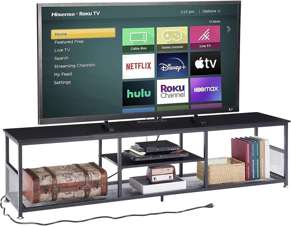VECELO TV Stand with Power Outlets for Televisions up to 80Inch, 70" Media Entertainment Center with Charging Station 3-Tier Open Storage Shelves with Metal Frame for Living Room/Bedroom,Black