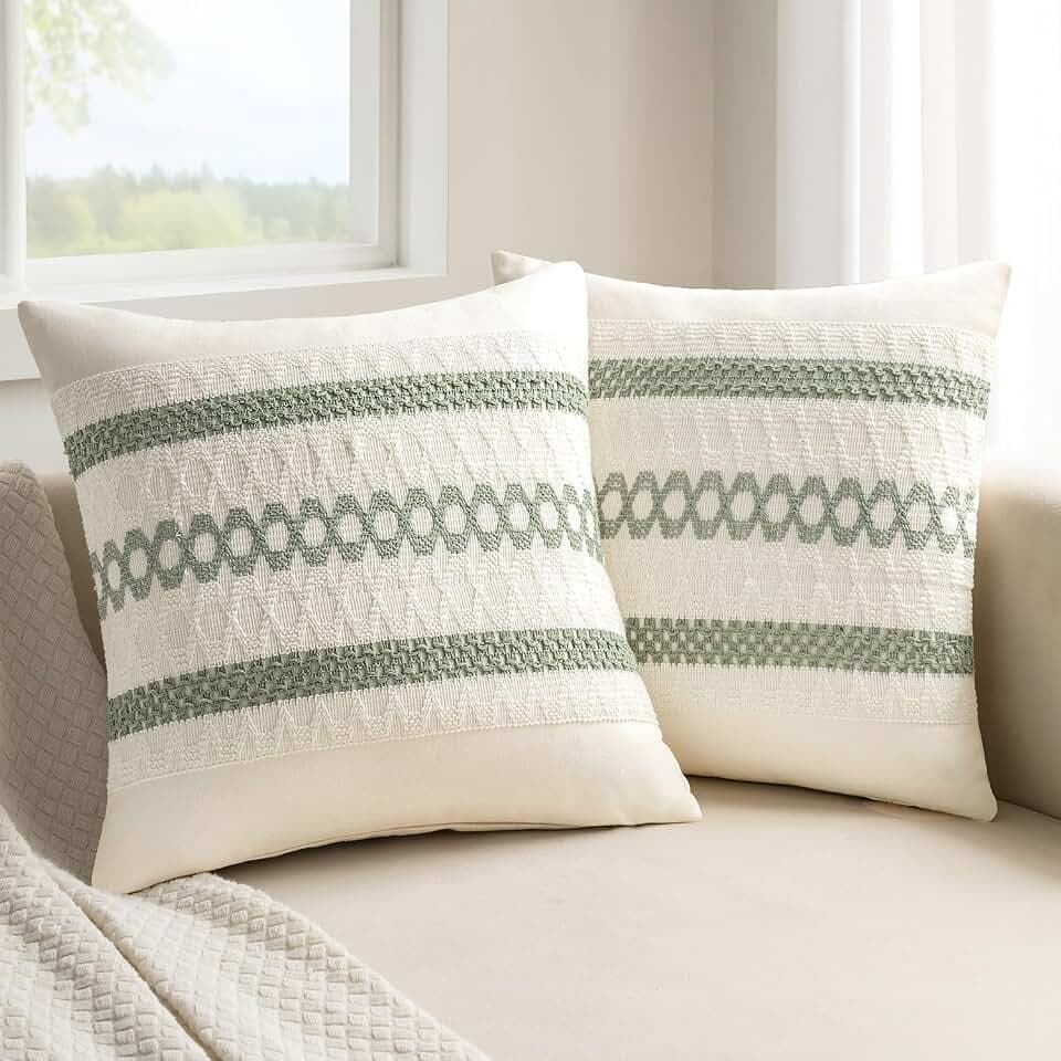 MIULEE Set of 2 Sage Green Boho Decorative Pillow Covers 24x24 Inch