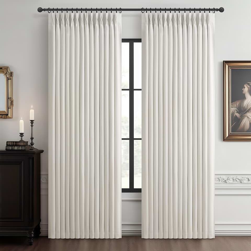 Pinch Pleated Blackout 80 Inch Room Divider Curtains 2 Panel Set, Off Beige White Memory Shape Insulated Dual Layer Natural Linen Privacy Sound Dampening Modern Windows Curtain 40 x 80 Inches Length