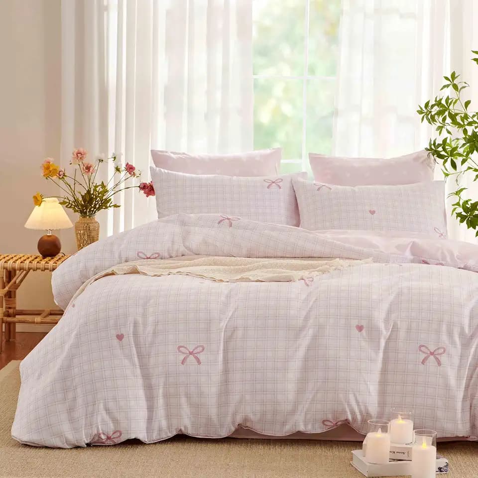Girls Duvet Cover Set Queen Size,Pink Bow Ties on Gingham Pattern Reversible Bedding Set for Adults Kids,Romantic Graceful Style Microfiber Comforter Cover 3pcs with 2 Pillowcases