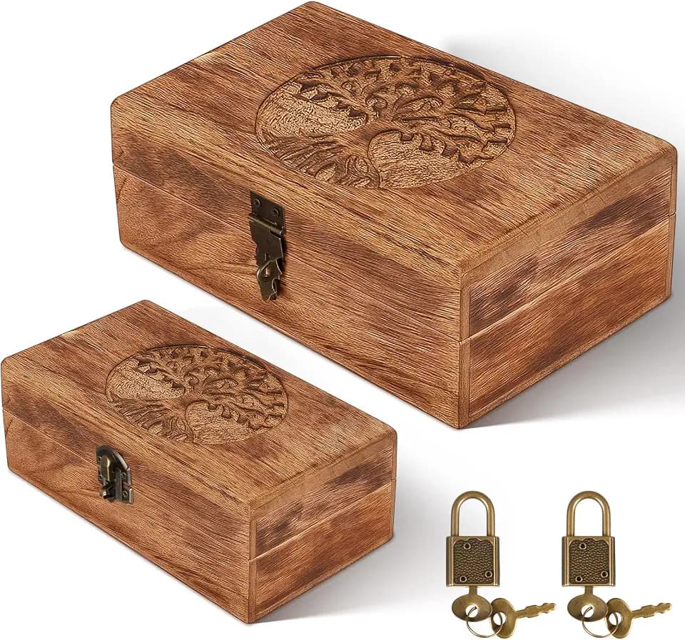 Vicenpal 2 Wooden Keepsake Boxes with Lock, Tree of Life, Dark Color