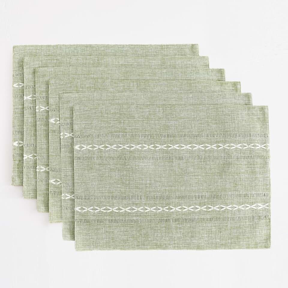 Wracra Cotton Linen Place Mats, Sage Green Embroidered Placemats Set of 6