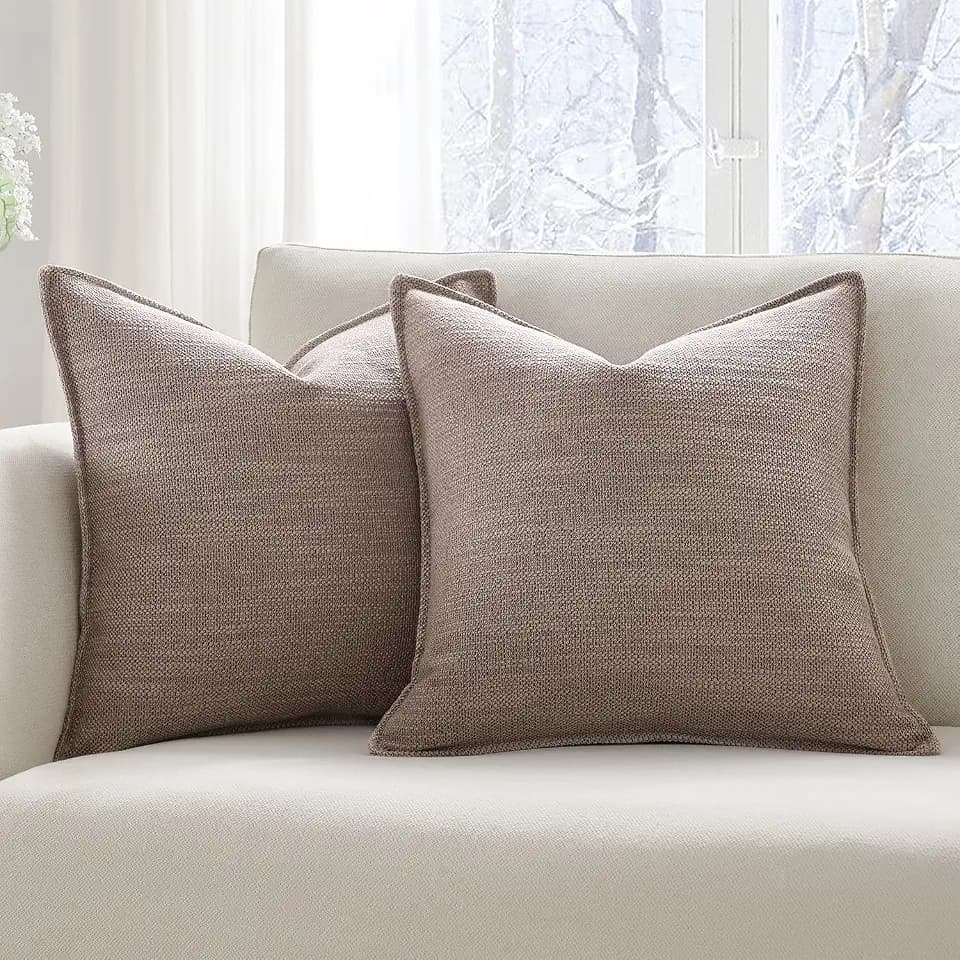 Meekio Set of 2 Taupe Brown Pillow Covers 18x18, Linen Look Throw Pillow Covers with Flange Edge for Sofa Couch Living Décor