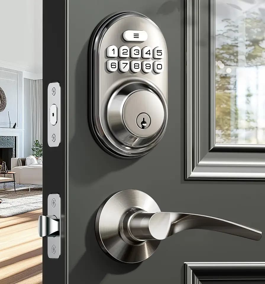 Veise RZ-C Keyless Entry Door Lock with 2 Lever Handles, Satin Nickel