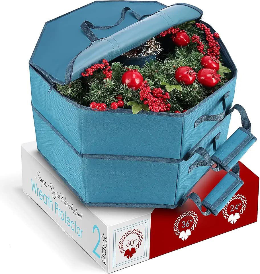 Hearth & Harbor Container-Hard Shell Christmas Bag with Interior Pockets, Dual Zipper and Handles-Premium Wreath Storage Organizer Box, 30", Blue