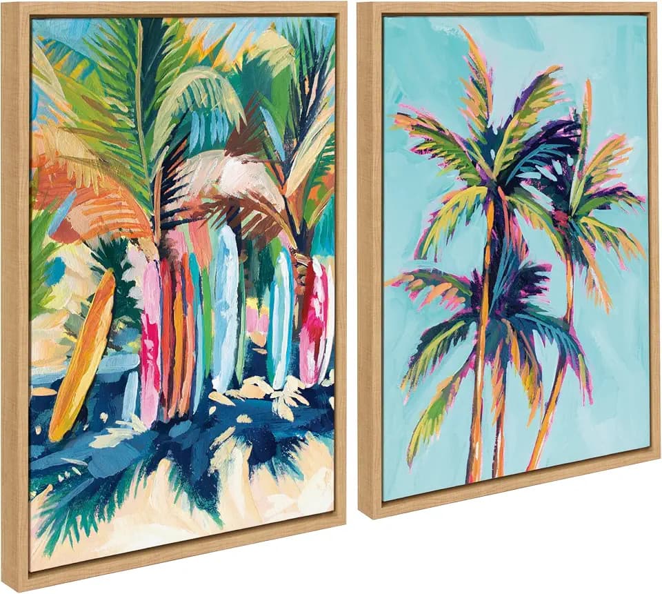 Kate and Laurel Sylvie Surf and Sand and Tropical Palms Study Framed Canvas Wall Art Set by Rachel Christopoulos, 2 Piece Set 18x24 Natural