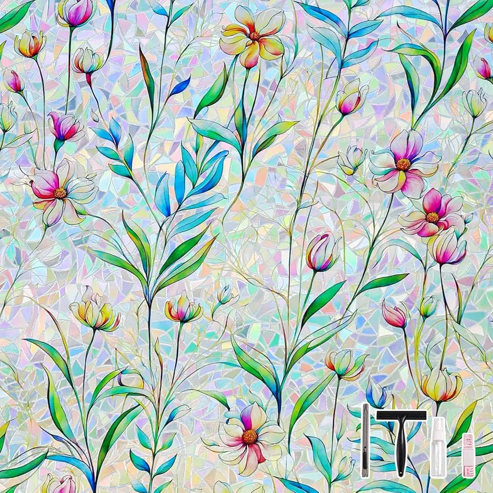 LEMON CLOUD Floral Stained Glass Window Privacy Film, 29.5″ x 157.4″