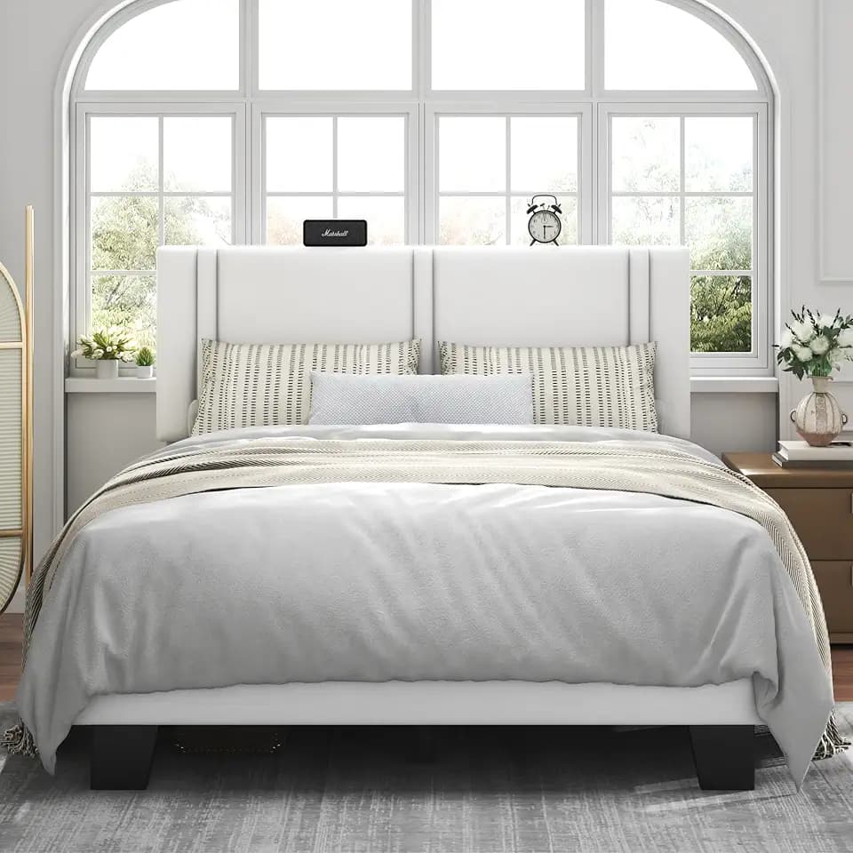 Feonase Queen Platform Bed Frame, Velvet Upholstered Queen Bed Frame, Solid Wood Slats & Heavy Duty Feet Support, No Box Spring Needed, Noise-Free, Easy Assembly, White