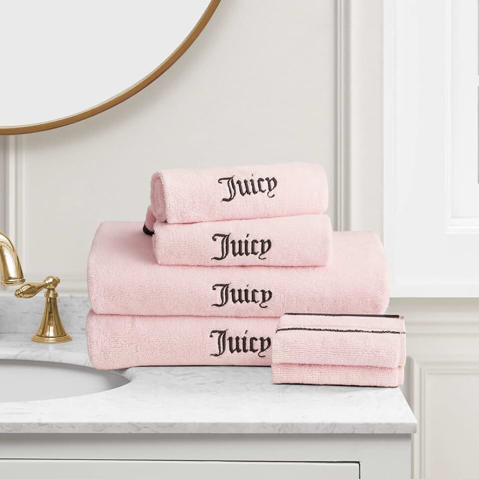 Juicy Couture Light Pink/Black Border Bath Towels 6-Piece 100% Cotton Bath Towel Set