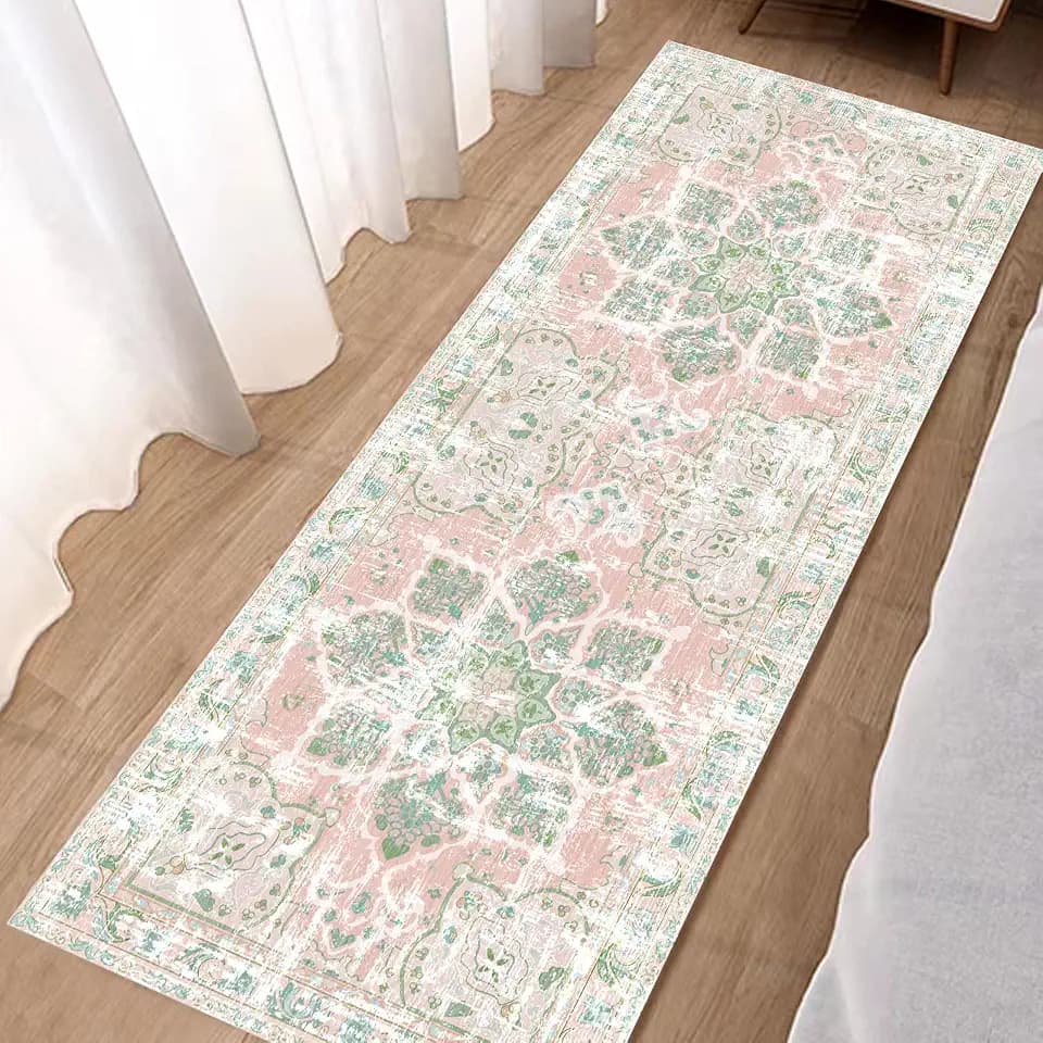 Vhong Boho Area Rugs Vintage Washable Neutral Modern Small Carpet Dusty Pink and Green 2x6 Non Slip Runners for Kitchen Laundry Bedroom Living Room Girls' Room