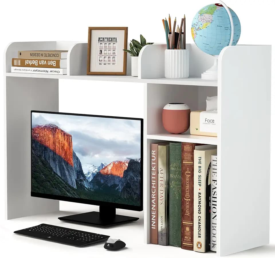 LAND·VOI Desktop Bookshelf, Countertop Storage Hutch with 5 Shelves for Computer Desk, Desk Organizer for Home Office Dorm, Dressing Tabletop, Bar Countertop, White EDS01W