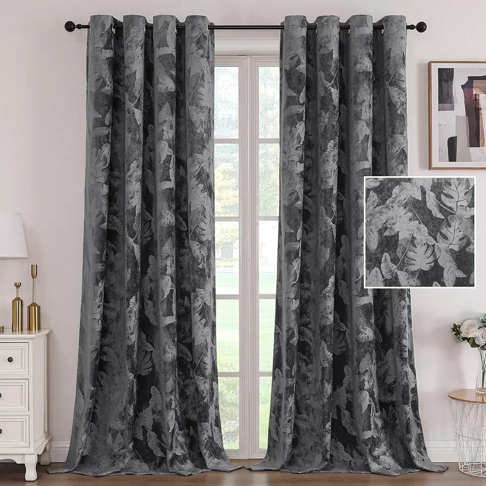 H.VERSAILTEX Velvet Leaf Pattern Curtains for Living Room 84" L, Dark Gray