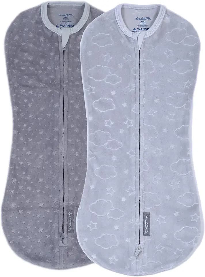 SwaddleMe by Ingenuity Compression Baby Swaddle Pod in Velboa, Two-Way Zipper for Easy Diaper Changes, Improves Sleep & Calms Startle Reflex, 0-2 Months, 1.0 TOG, 2-Pack - Clouds & Stars