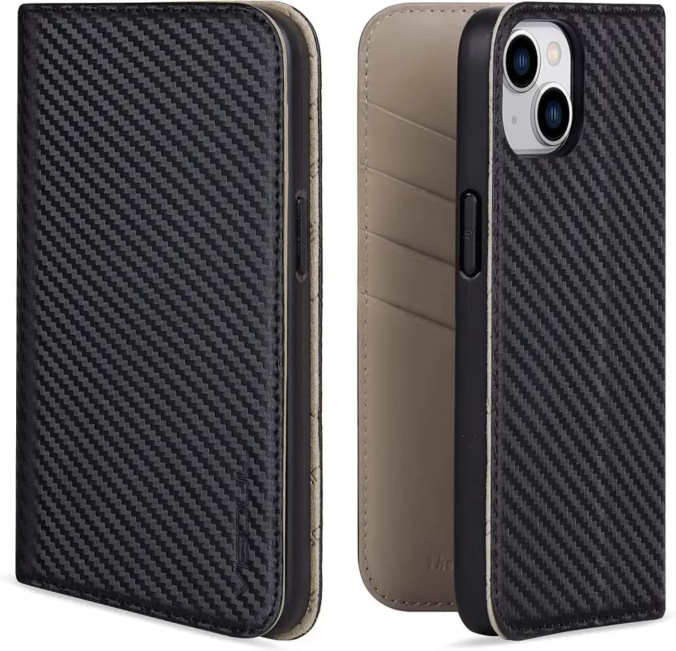 VISOUL iPhone 14 Plus Hülle, Handyhülle Carbon Leder RFID Schutz Schützt vor Stoß Standfunktion Kartenfach Magnet TPU Handytasche Grau T